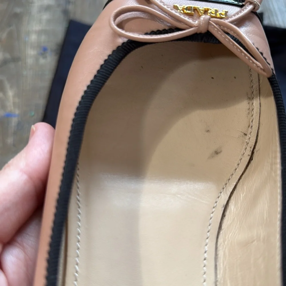 BARELY WORN Prada Pink Tan Flats with Black Toes Size 37 (US 7) - Picture 5 of 6